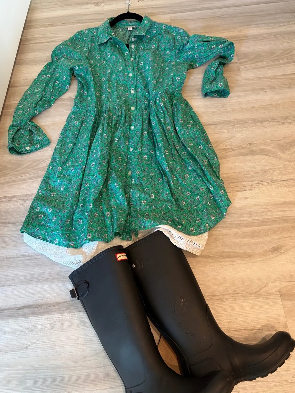 J. Crew Green Floral Long-Sleeve Button Dress with Lace - Picture 10 of 10